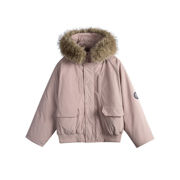 Women's short bomber jacket with thermal padding, hood with removable faux fur and utility pockets Mune Fashion