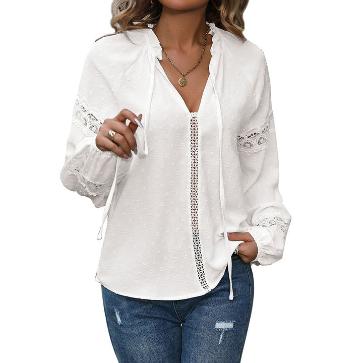 Women's Romantic V Neck Blouse with Crinkle Texture, Lace Edges and Cord Ties Mune Fashion