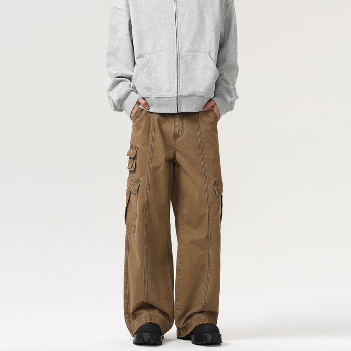 Men's Wide Canvas Cargo Pants in Utility Look with Multiple Pockets and Distinctive Seam Panels Mune Fashion