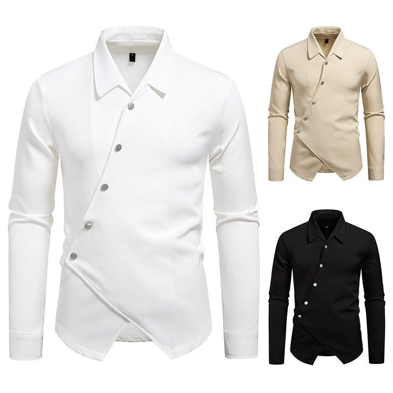 Men's Asymmetrical Shirt with Diagonal Button Placket and Shirt Collar Mune Fashion