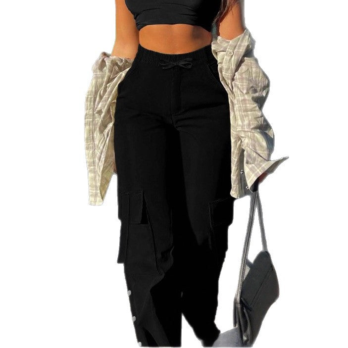 Women's High-Waist Cargo Pants with Wide Leg, Drawstring and Side Snap Details Mune Fashion