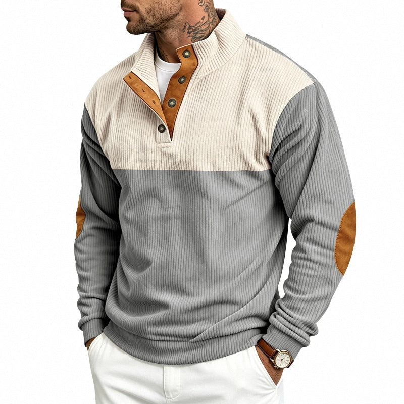 Men's Ribbed Stand-Up Collar Sweater with Button Placket, Contrast Trim and Elbow Patches Mune Fashion