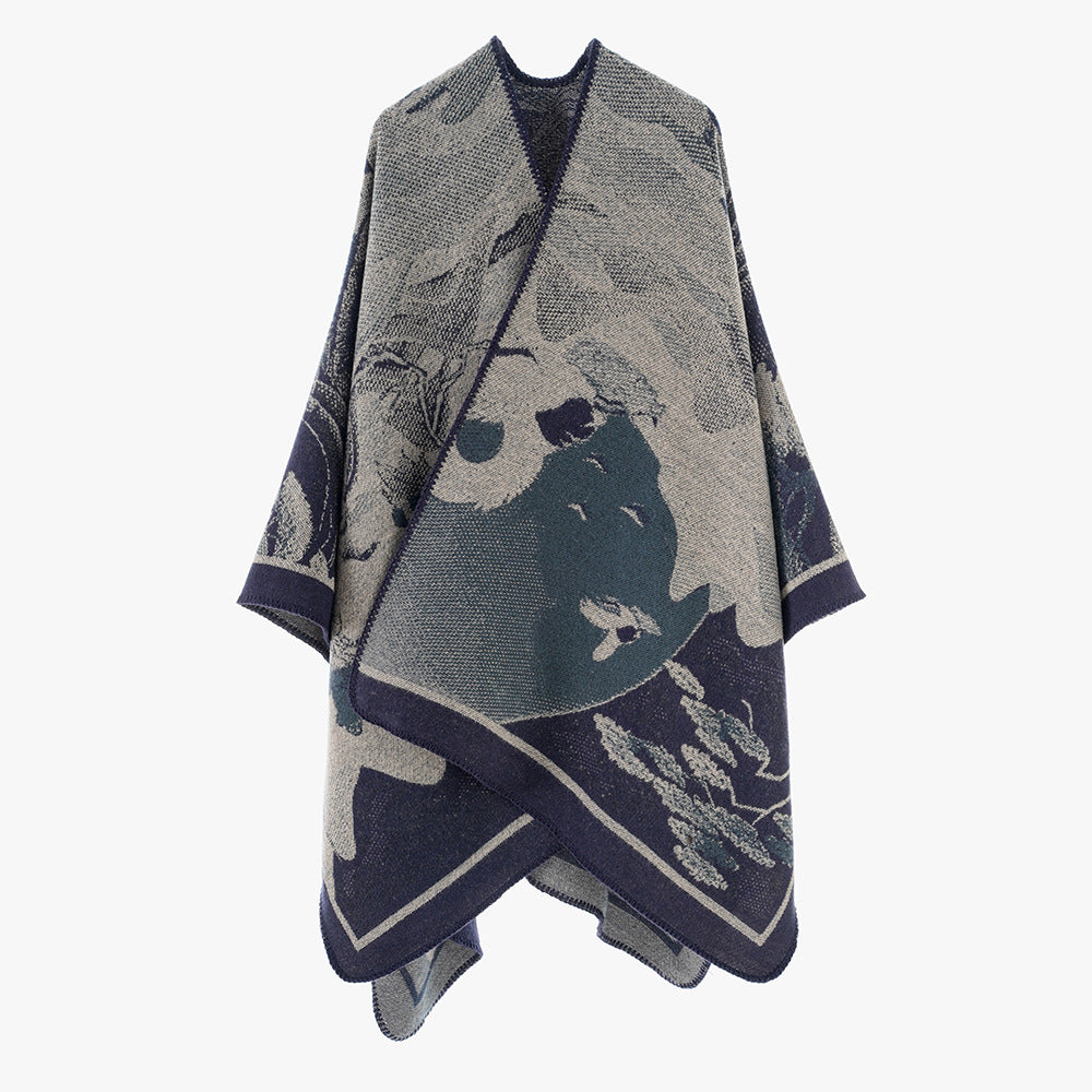 Women's jacquard cape with graphic floral motif and boxy oversized cut Mune Fashion
