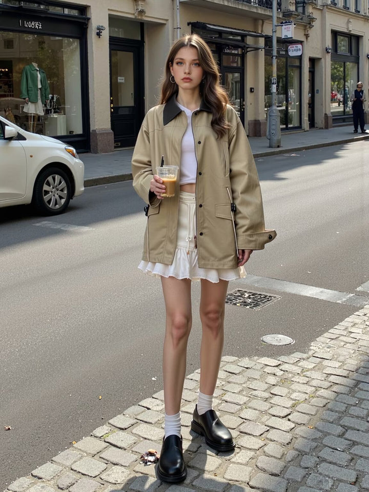 Women Oversized Transitional Jacket with Contrast Collar and Drawstring Mune Fashion