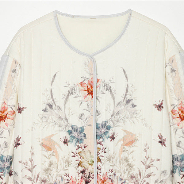 Women's quilted flower cardigan jacket with round neck, light padding and continuous press stud placket Mune Fashion
