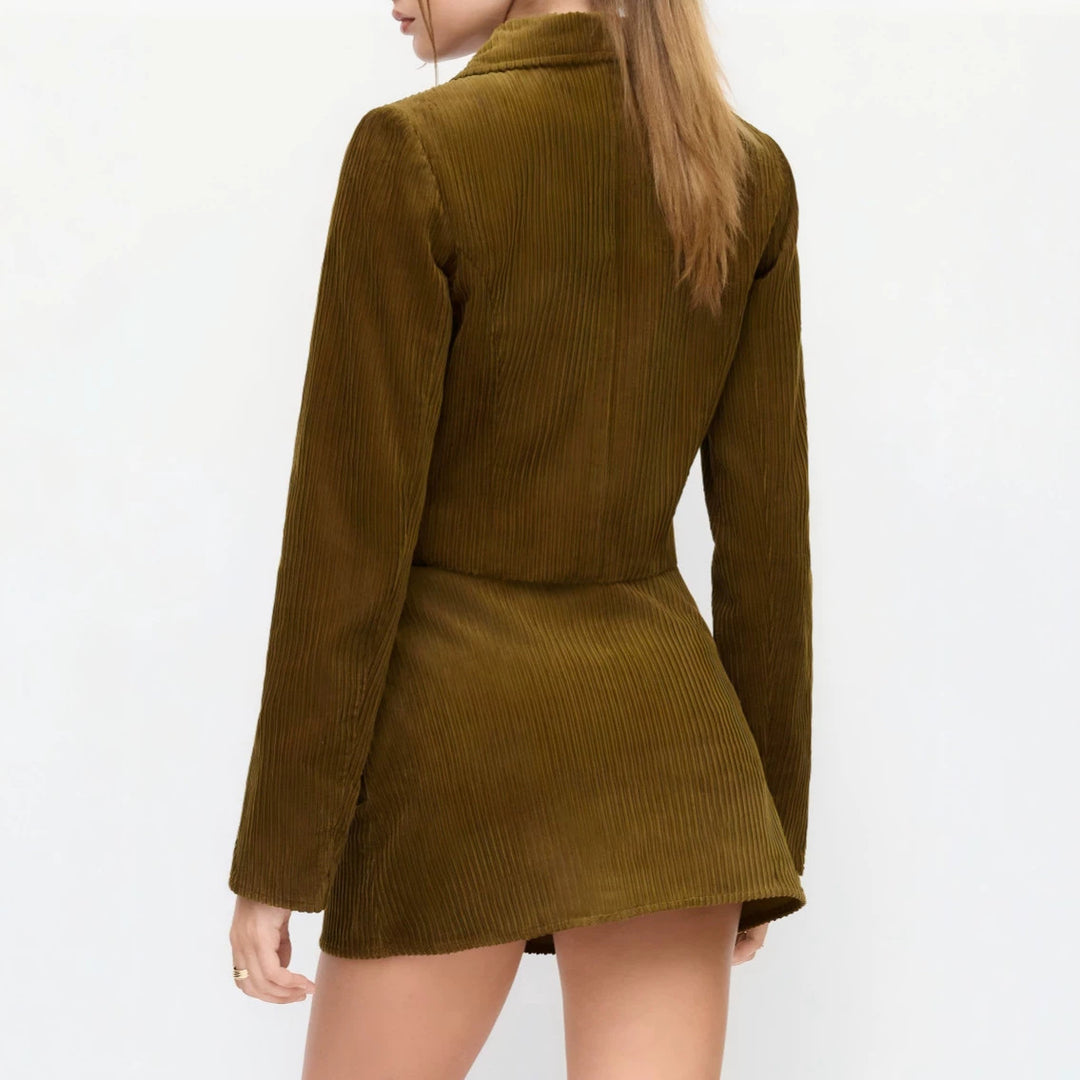 Women's Pleated Short Jacket with Shirt Collar and Turned-up Cuffs Drune