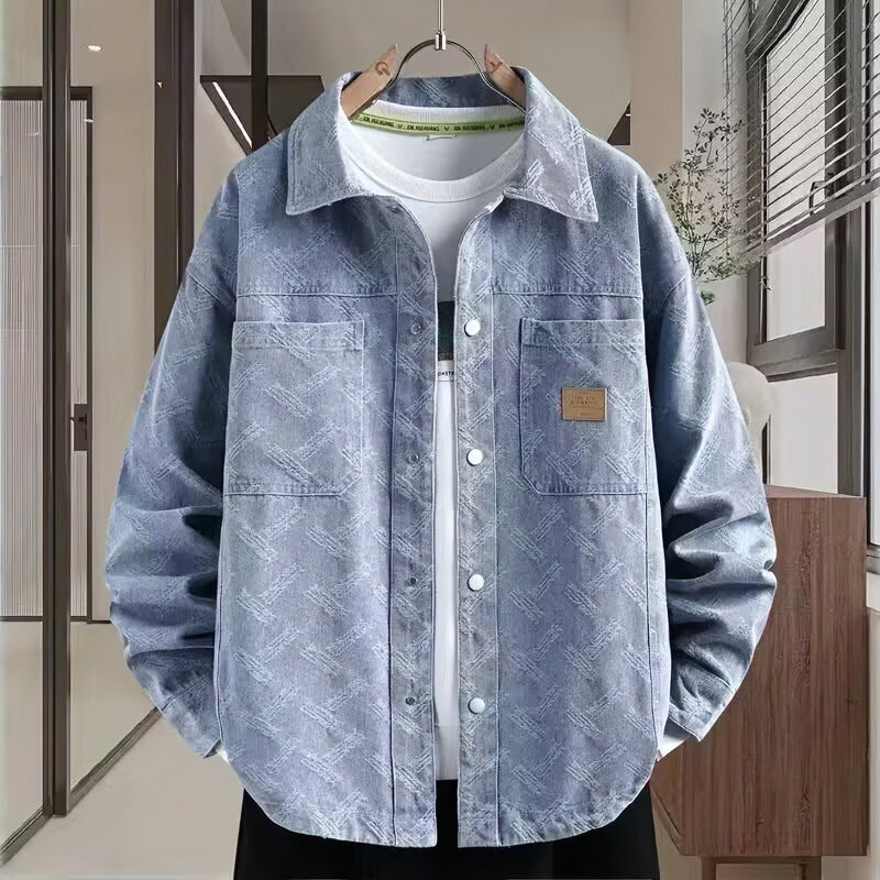 Men's jeans overshirt with subtle textured jacquard, snap-button chest pockets, and shirt collar Mune Fashion