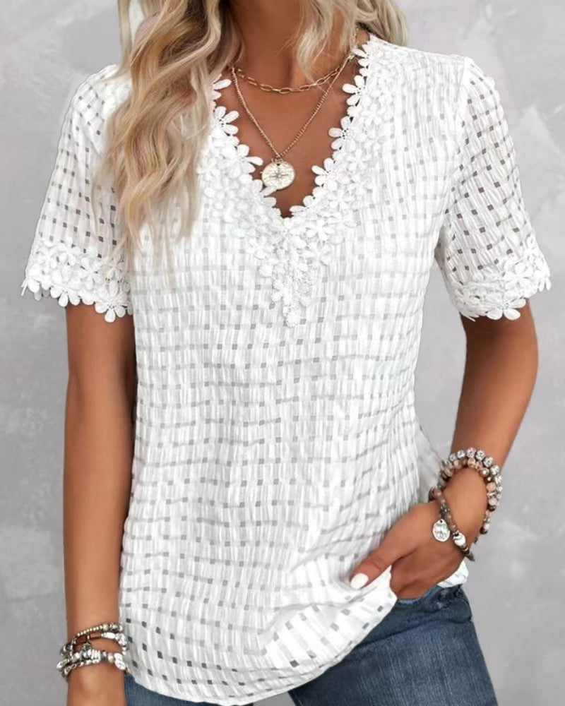 Women's lightweight structured shirt with check mesh, decorative lace trim at the V-neck and short sleeve hems Mune Fashion