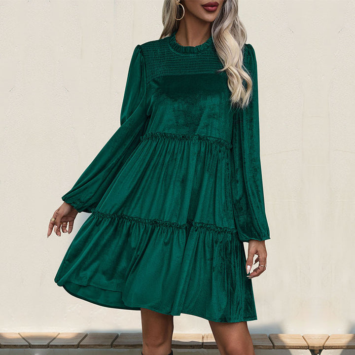 Women's Velvet Dress with Tiered Skirt, Ruffling and Stand-up Collar Mune Fashion