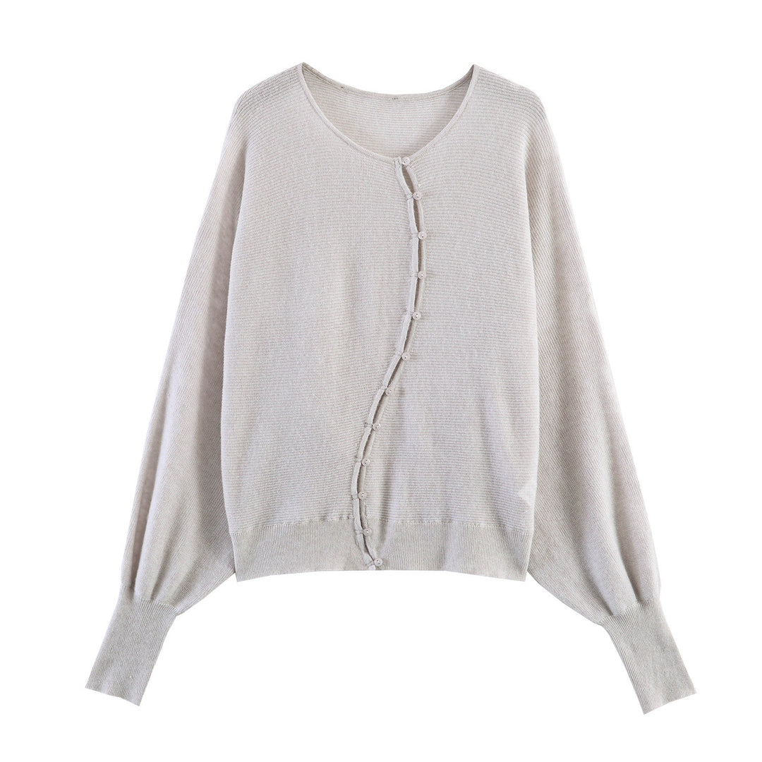 Women's Oversized Fine Knit Cardigan with Asymmetrical Button Placket and Batwing Sleeves Mune Fashion