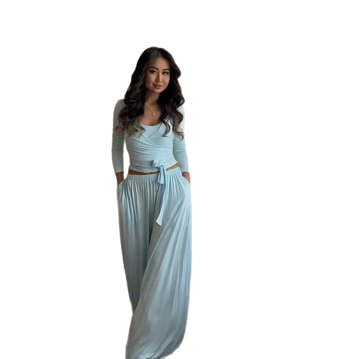 Women's loungewear set with wrap cropped top and wide palazzo pants Mune Fashion