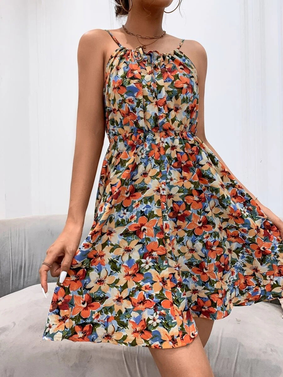 Women Floral Summer Dress with Spaghetti Straps and Tailored A-Line Cut Mune Fashion