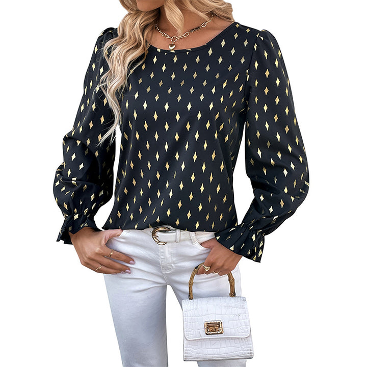 Women's Satin Blouse Shirt with Diamond Print, Slightly Tailored Cut and Delicate Puff Sleeves