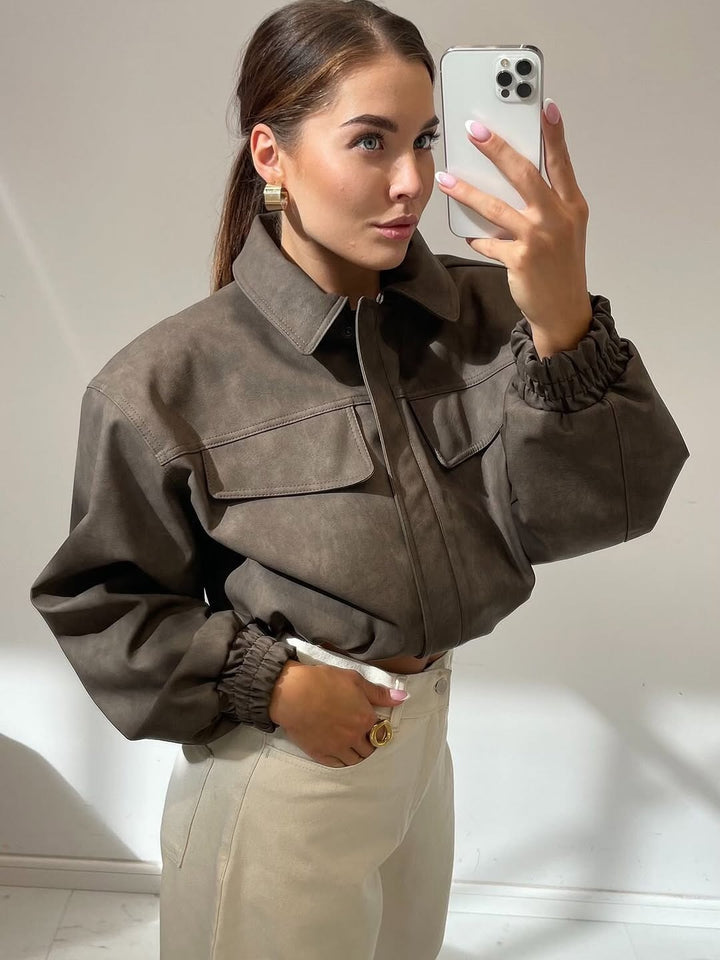 Women short cut faux leather jacket with patch chest pockets Mune Fashion