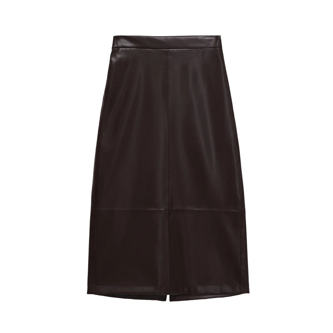 Women's tailored midi skirt in leather look with a high waistband, dividing seams, and back slit Mune Fashion