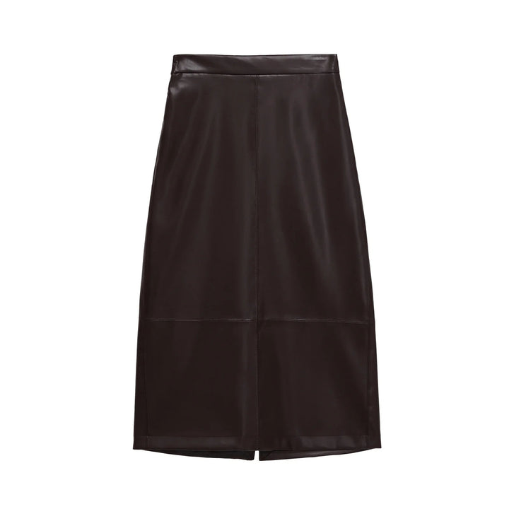 Women's tailored midi skirt in leather look with a high waistband, dividing seams, and back slit Mune Fashion
