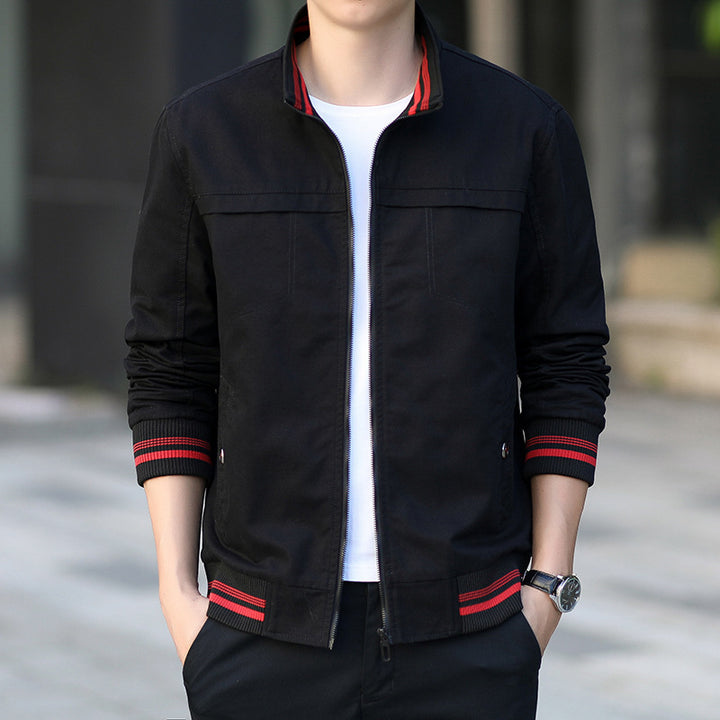 Men's modern canvas bomber jacket in worker style with striped ribbed cuffs and zipper Mune Fashion