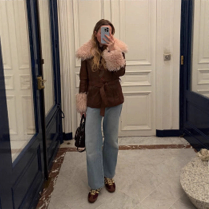 Women tailored leather imitation jacket with tie belt, opulent removable faux fur shawl collar and fur cuffs Mune Fashion