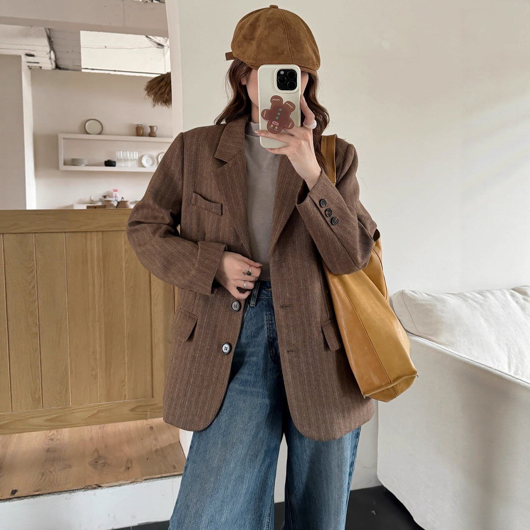Women Oversize Tweed Blazer with Herringbone Pattern, Distinctive Shoulder Line and Flap Pockets Mune Fashion