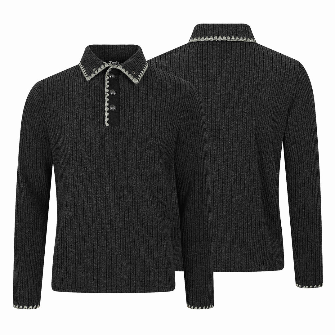 Men's Ribbed Polo Collar Sweater with Decorative Seam and Button Placket Mune Fashion