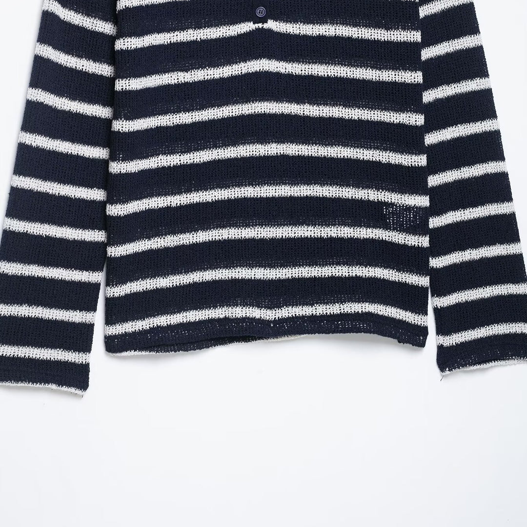 Women's striped sweater with button placket and lightweight textured knit Mune Fashion