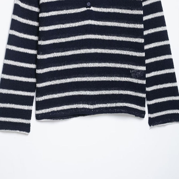 Women's striped sweater with button placket and lightweight textured knit Mune Fashion