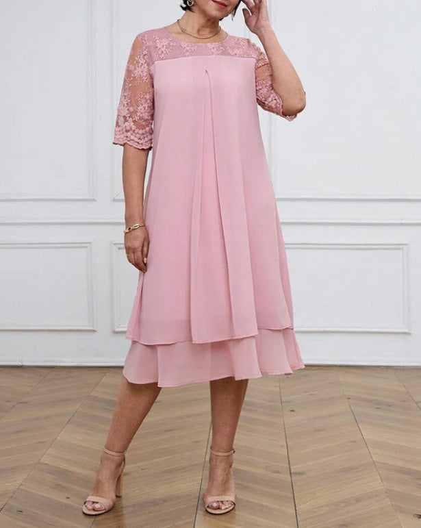 Women's A-line chiffon dress with floral embroidered lace yoke, hidden centre seam pleat, and layered ruffle Mune Fashion