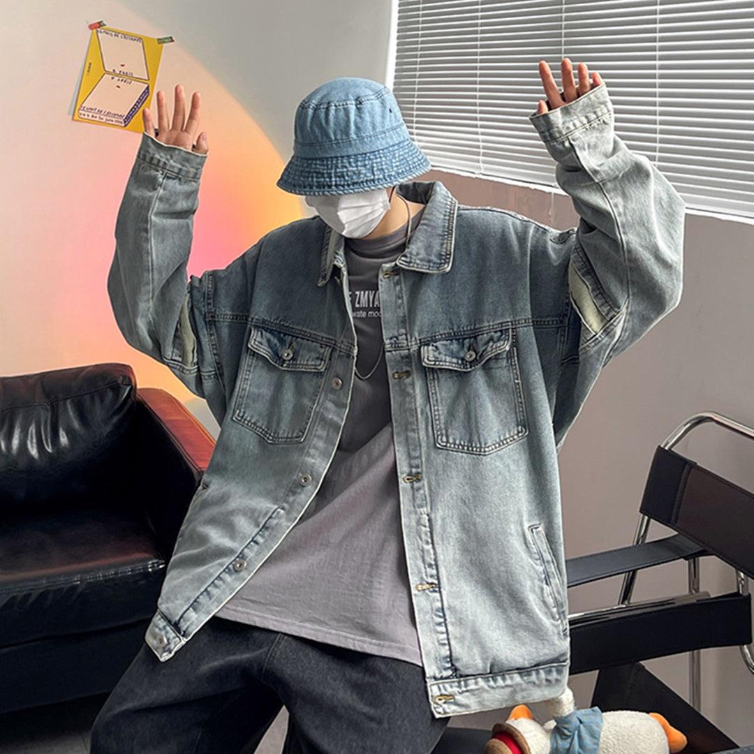 Men's Casual Denim Jacket with Deep Collar Mune Fashion