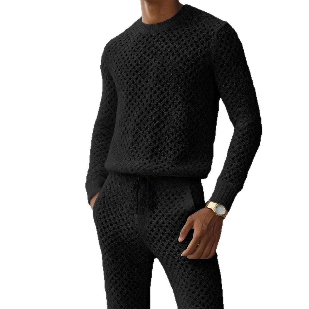 Men's textured knit sweater with finely knitted openwork pattern and round neck Mune Fashion