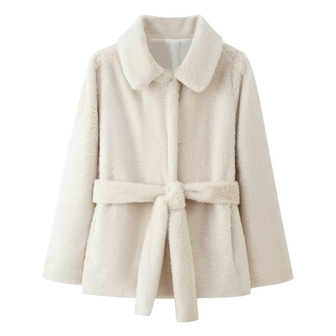 Women's short coat made of cuddly faux fur with shirt collar and tie belt Mune Fashion