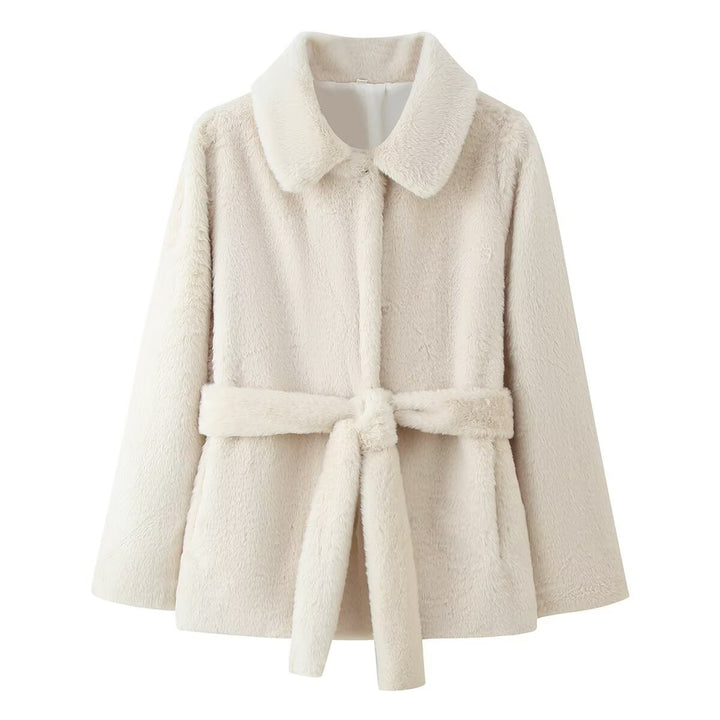 Women's short coat made of cuddly faux fur with shirt collar and tie belt Mune Fashion