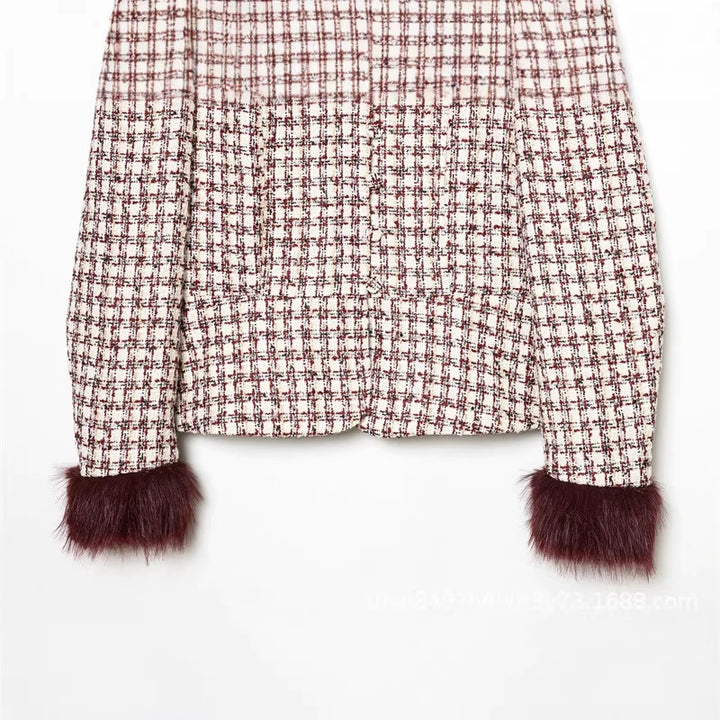 Women's Short Blazer made of Boucle Tweed with Stand-Up Collar and Faux Fur Cuffs Mune Fashion
