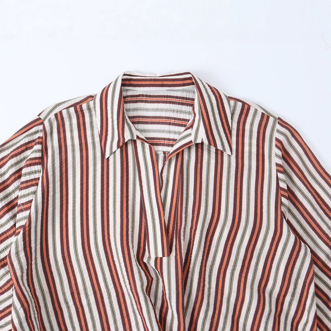 Women's loosely cut wrap blouse with shirt collar, three-quarter sleeves, and stripe pattern Mune Fashion