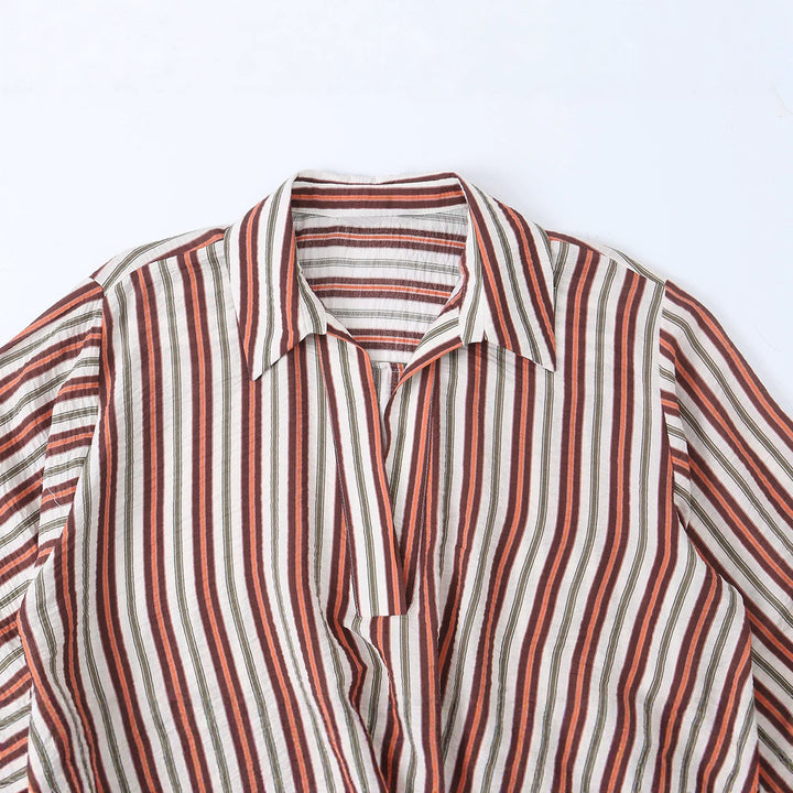 Women's loosely cut wrap blouse with shirt collar, three-quarter sleeves, and stripe pattern Mune Fashion