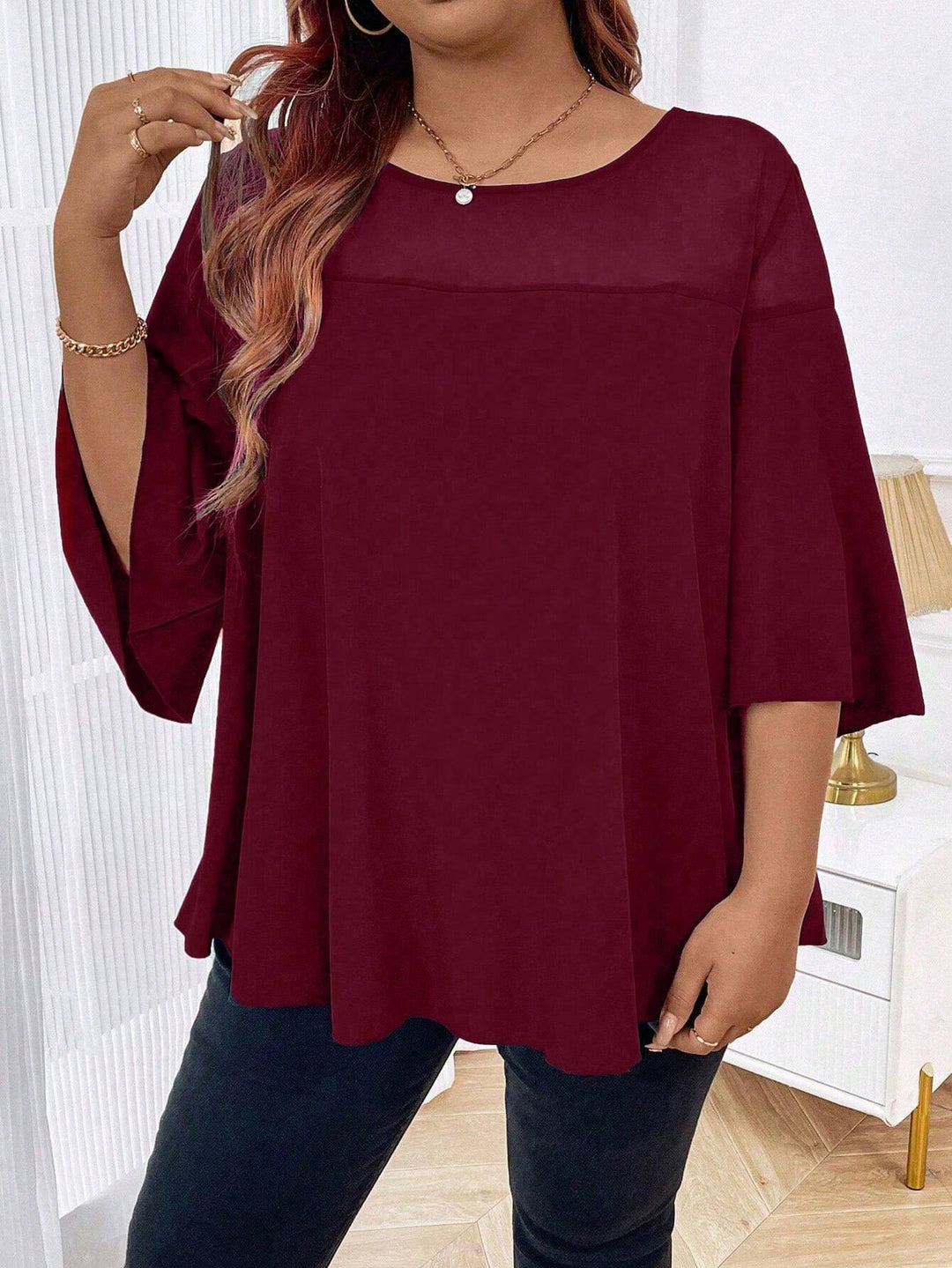 Women's Loose Chiffon Tunic Top with Sheer Insert and Wing Sleeves Mune Fashion
