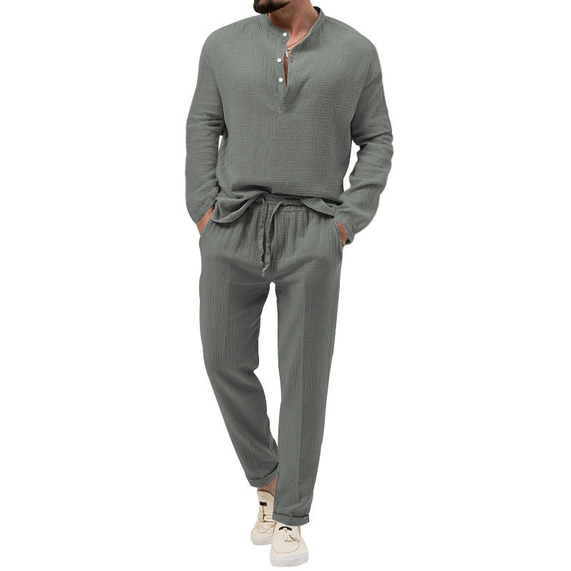 Men's Casual Two-Piece Lounge Set made of Cotton Gauze with Henley Top and Drawstring Pants Mune Fashion