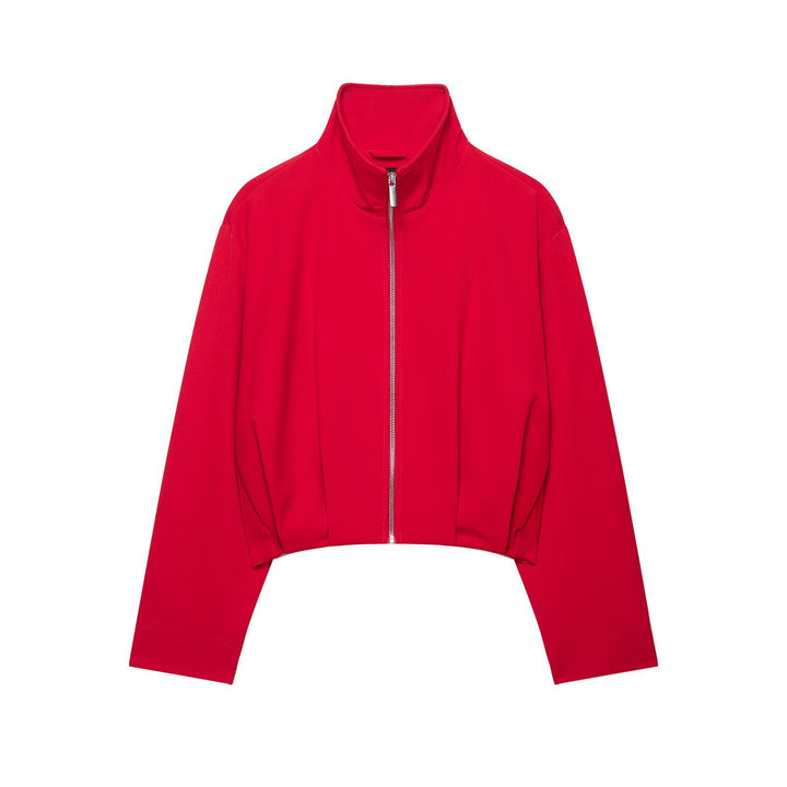 Women's Short Stand Collar Bomber Jacket with Zipper and Fitted Cuffs Mune Fashion