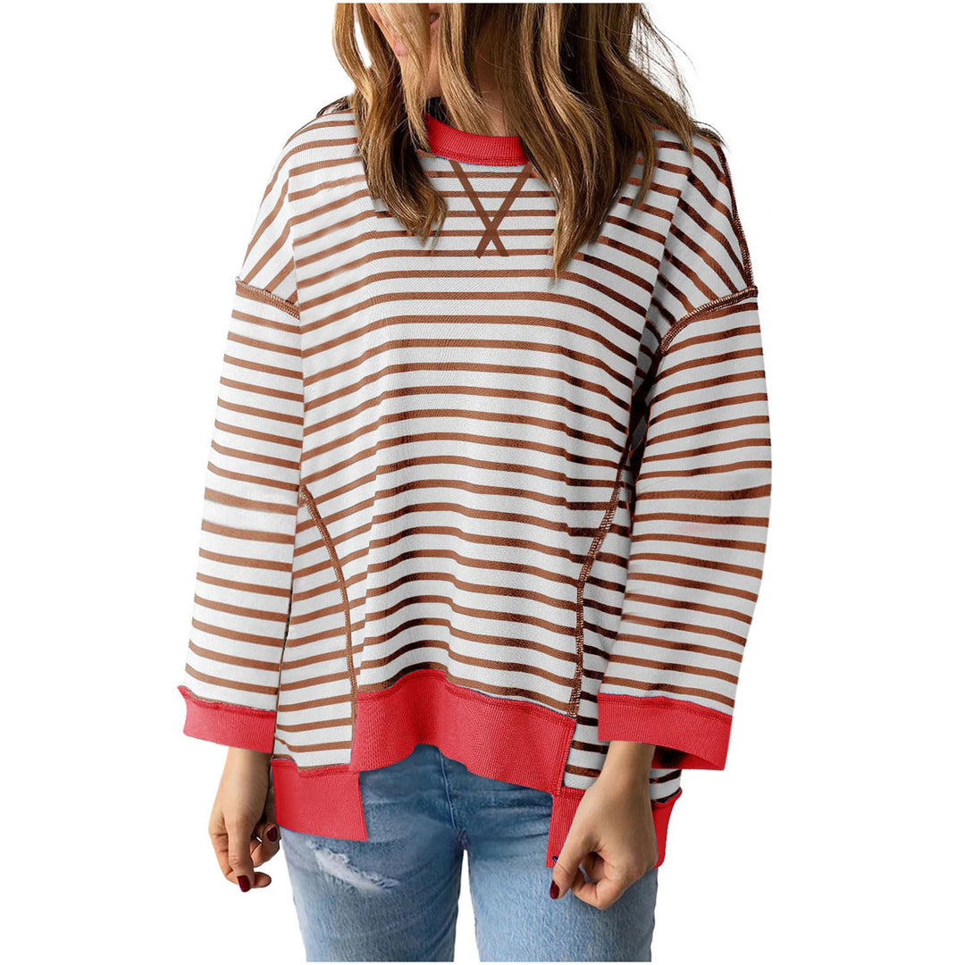 Women's oversized striped sweatshirt pullover with contrasting hem, dropped shoulder and side slits Mune Fashion