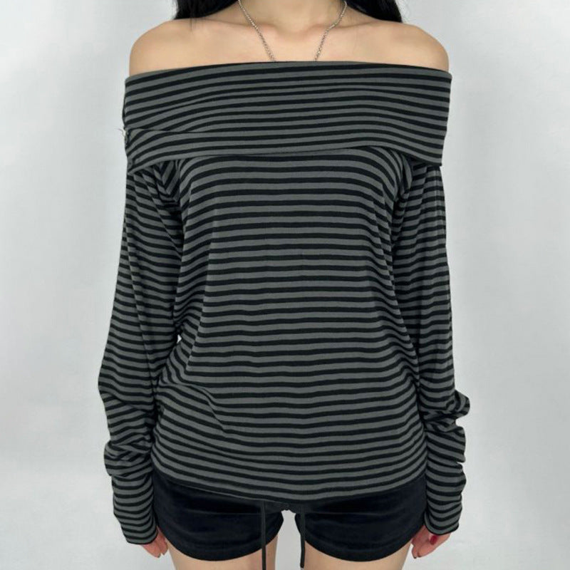 Women's off-the-shoulder long-sleeve shirt with Carmen neckline, tailored fit and fine stripe pattern Mune Fashion