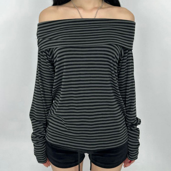 Women's off-the-shoulder long-sleeve shirt with Carmen neckline, tailored fit and fine stripe pattern Mune Fashion