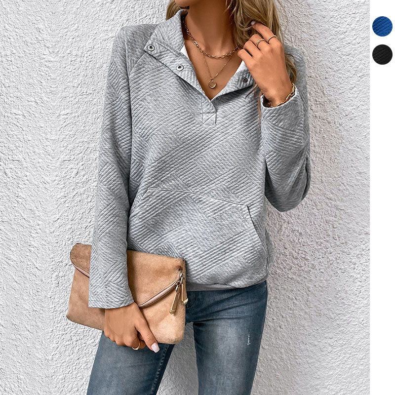 Women's quilted sweatshirt with snap button collar, V-neck and kangaroo pocket Mune Fashion