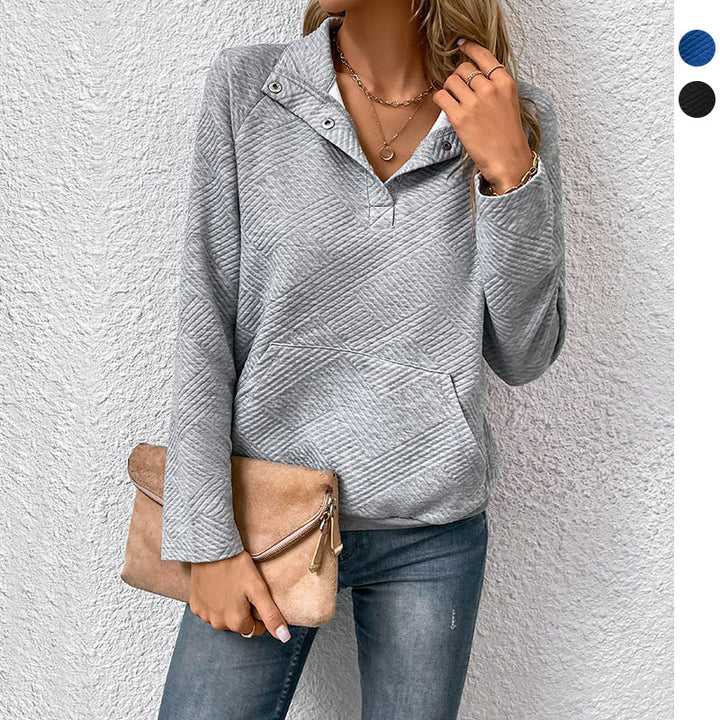 Women's quilted sweatshirt with snap button collar, V-neck and kangaroo pocket Mune Fashion