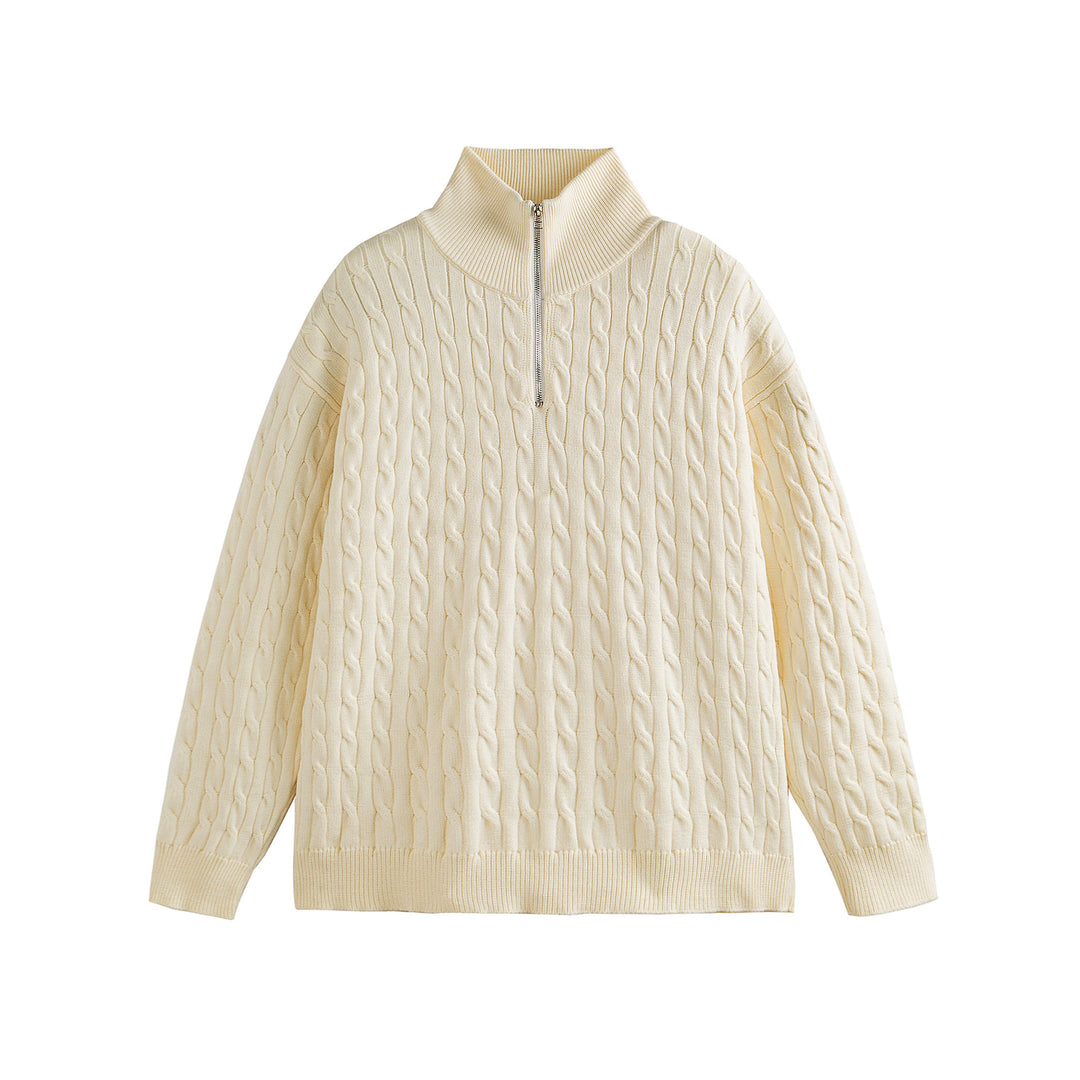 Unisex Thick Knit Cable Pattern Sweater with Half Zip and High Ribbed Collar Mune Fashion