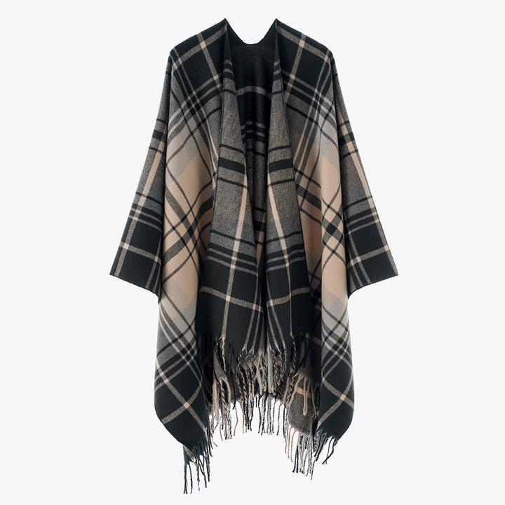 Women's Pure Wool Look Throw in Tartan Check with Open Front and Fringed Hem Mune Fashion