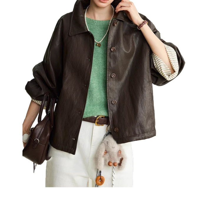 Ladies Modern Leather Jacket with Striped Cuffs Mune Fashion