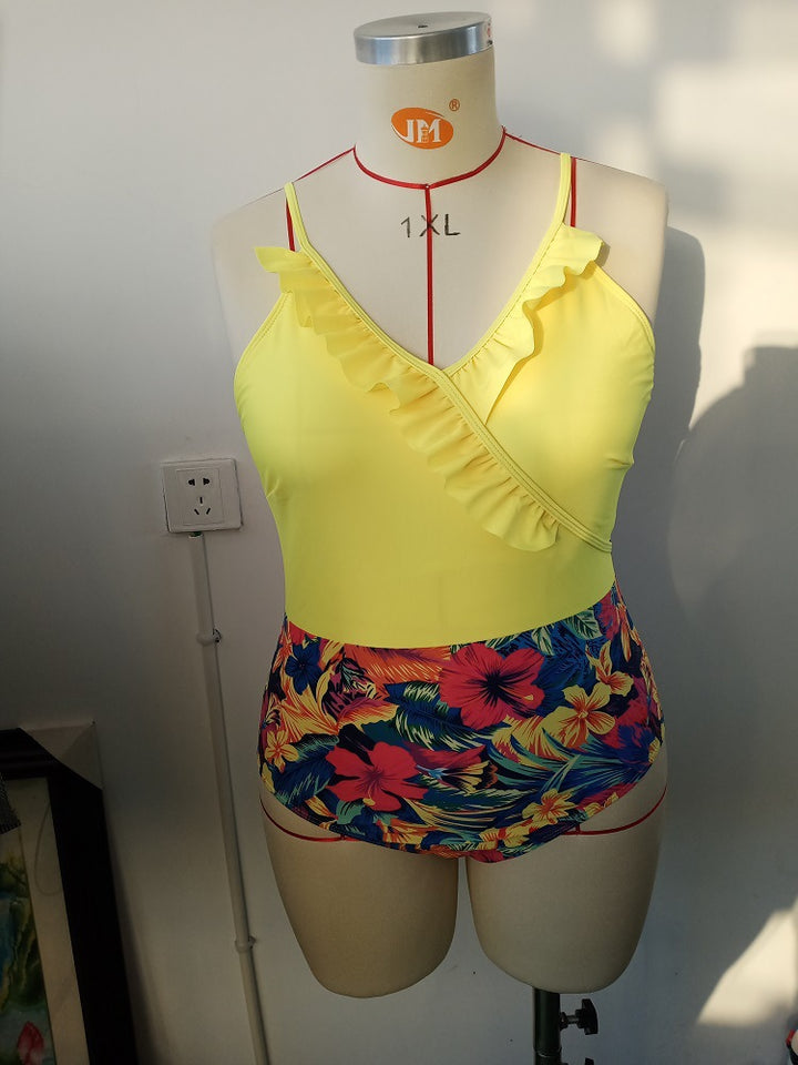 Women's one-piece swimsuit with asymmetrical ruffle design and floral pant area Mune Fashion