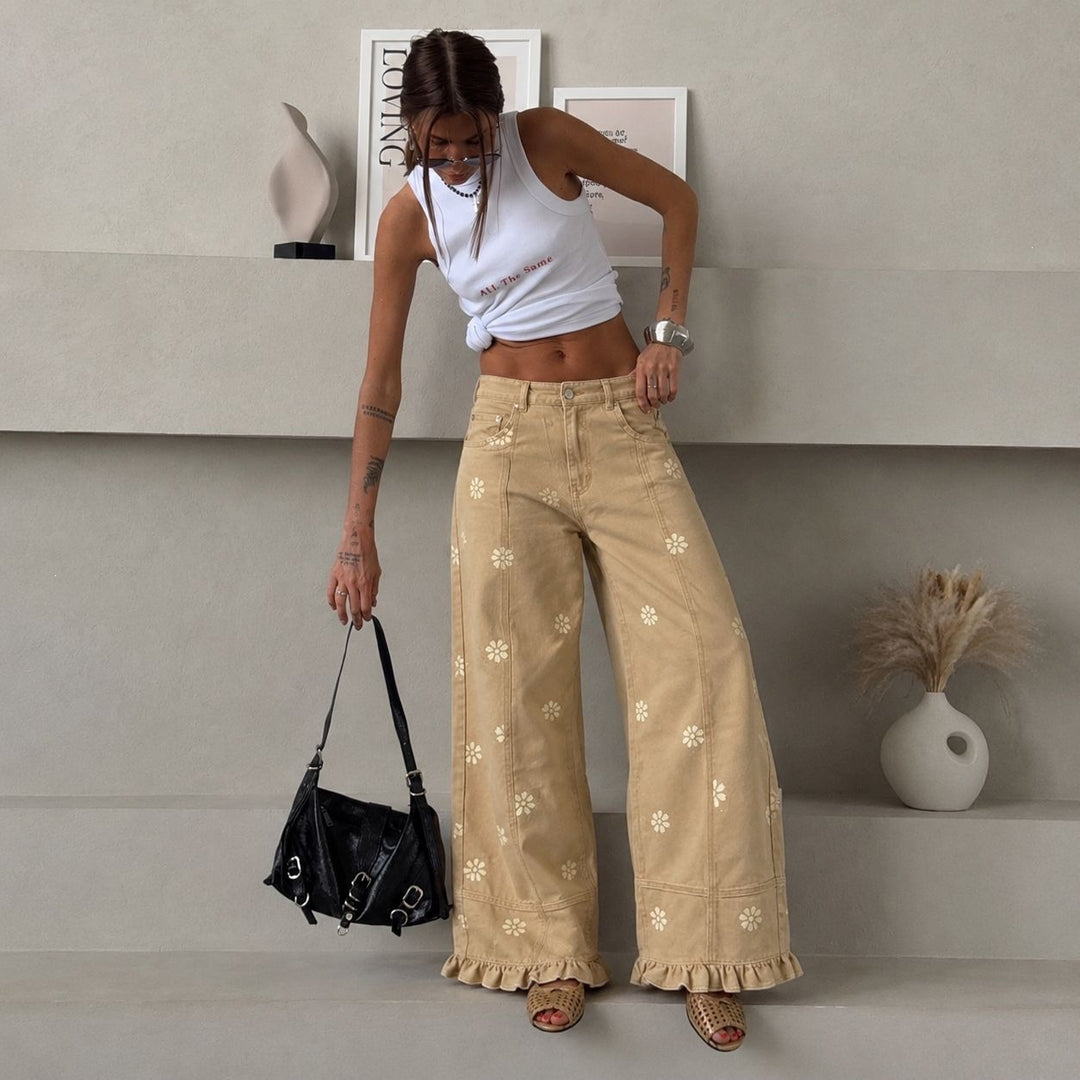 Women's wide denim pants with daisy print, high waist and ruffled hem Mune Fashion