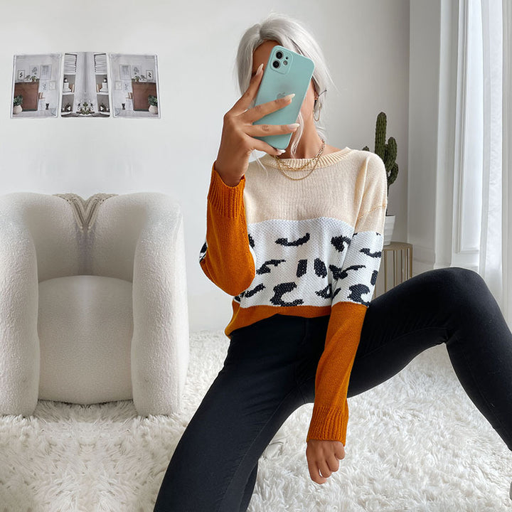Women's Colorblock Knit Sweater with Leopard Pattern, Round Neck and Casual Fit Mune Fashion