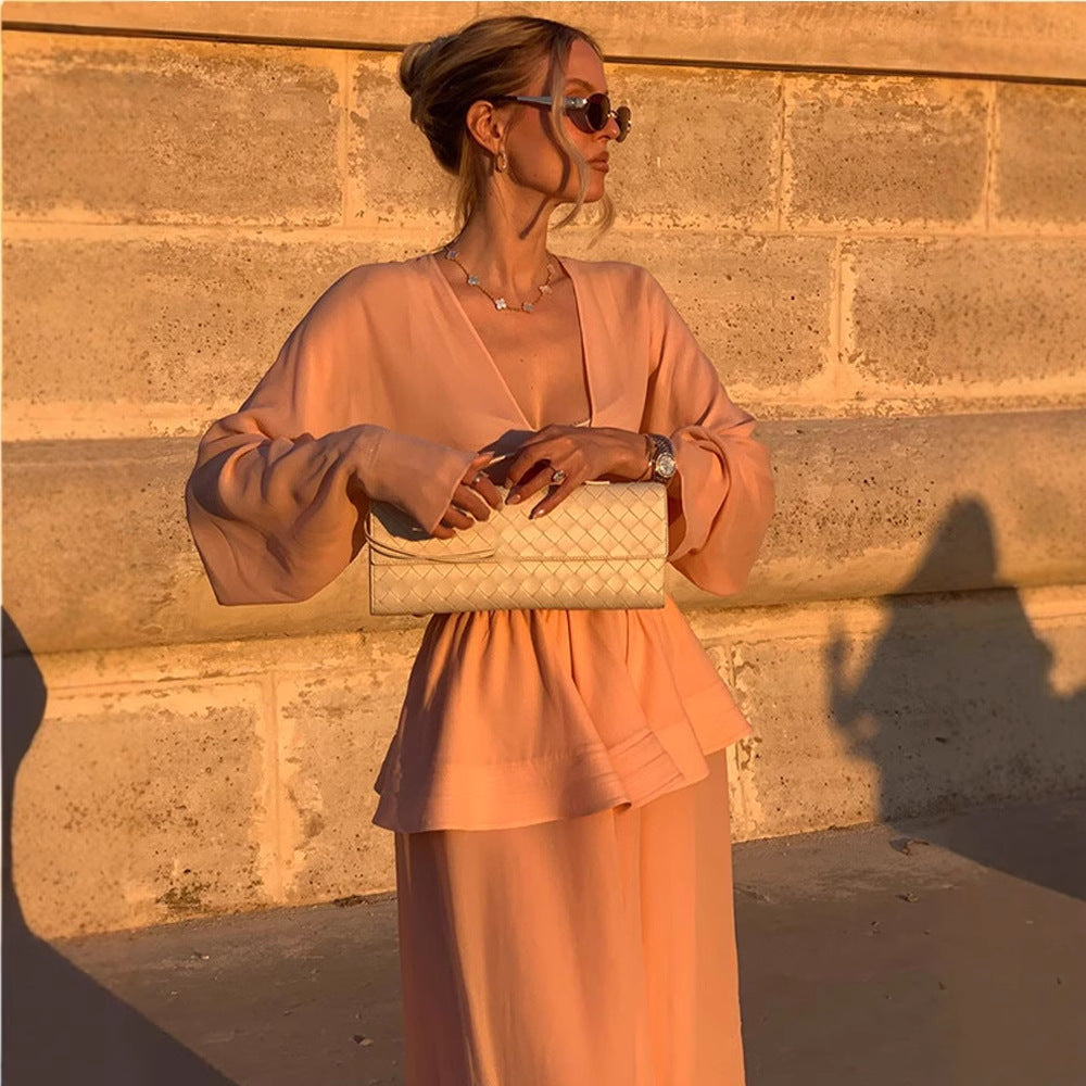 Women Two-Piece Chiffon Set with V Neck, Voluminous Sleeves and Pleated Maxi Skirt Mune Fashion