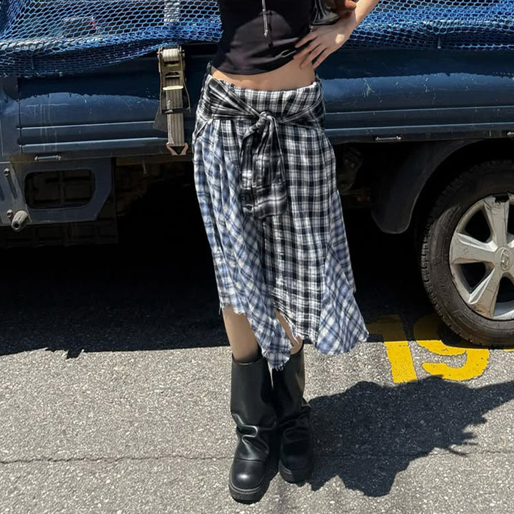 Women Asymmetric Midi Skirt in Checkered Patchwork with Waist Ties Mune Fashion